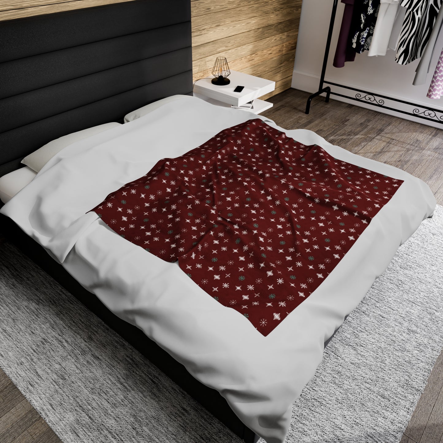 Snowflakes - Deep Red - Velveteen Plush Blanket