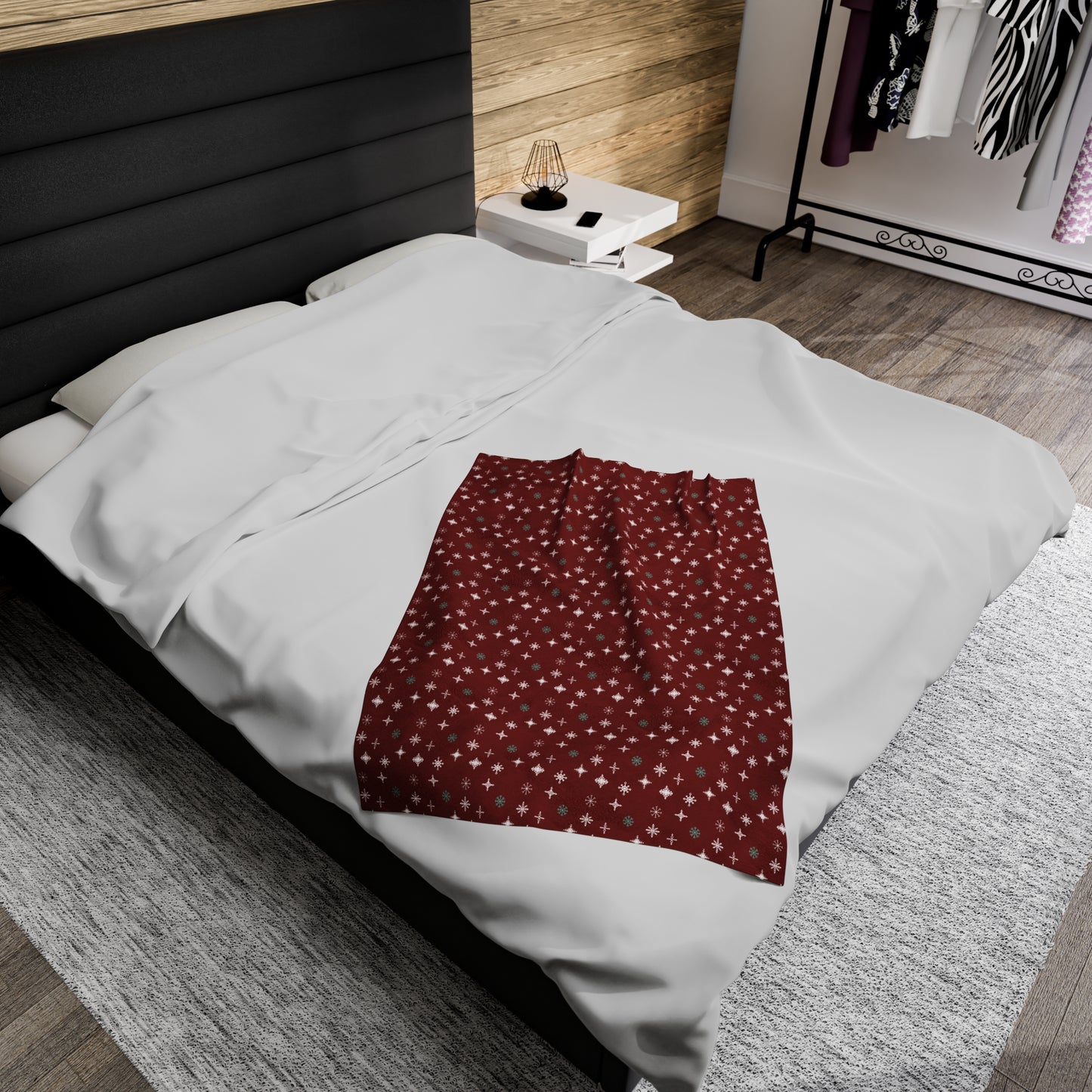 Snowflakes - Deep Red - Velveteen Plush Blanket