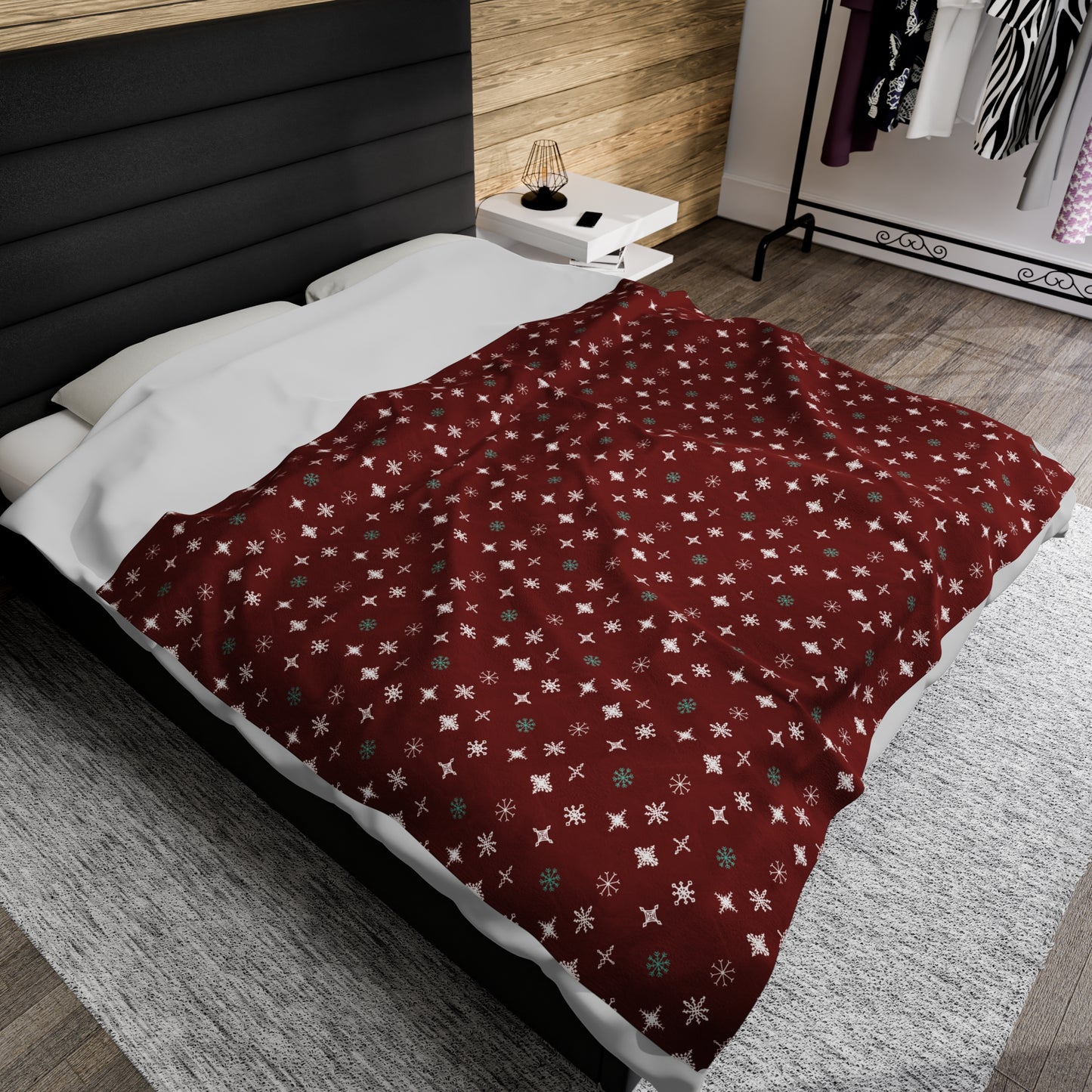 Snowflakes - Deep Red - Velveteen Plush Blanket