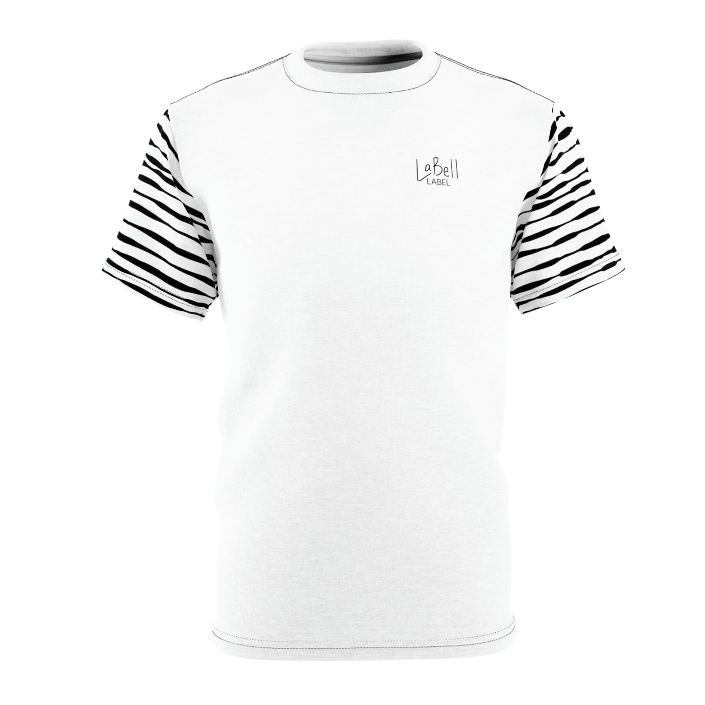 Coin Stack Pattern with LaBell Label - Black on White - Sleeve Coverage - Unisex Cut & Sew Tee