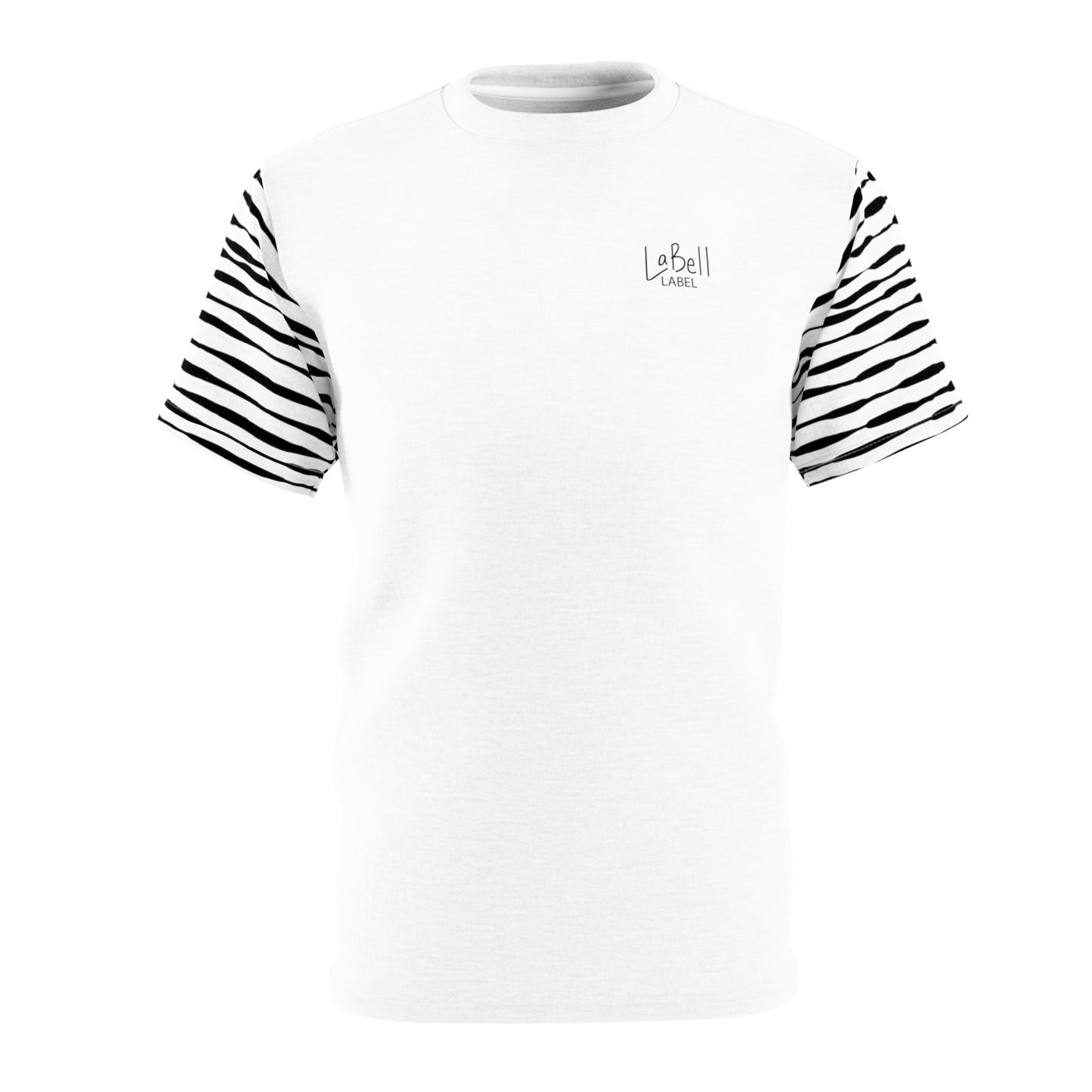Coin Stack Pattern with LaBell Label - Black on White - Sleeve Coverage - Unisex Cut & Sew Tee