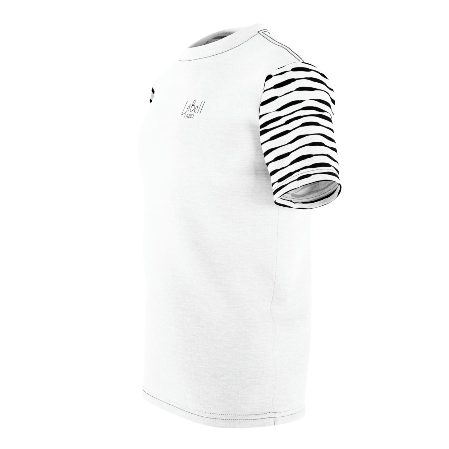 Coin Stack Pattern with LaBell Label - Black on White - Sleeve Coverage - Unisex Cut & Sew Tee