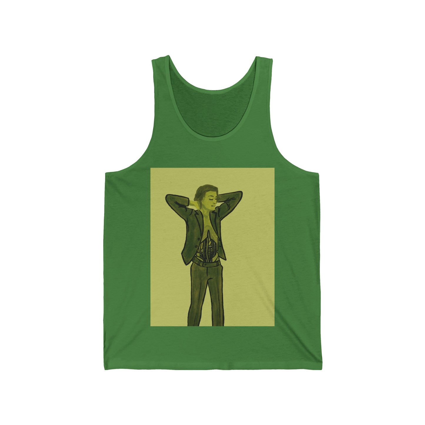 "The MODels" - Green Gold Male MODel - with Solid Background - Unisex Jersey Tank