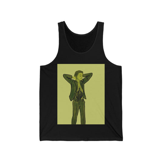 "The MODels" - Green Gold Male MODel - with Solid Background - Unisex Jersey Tank
