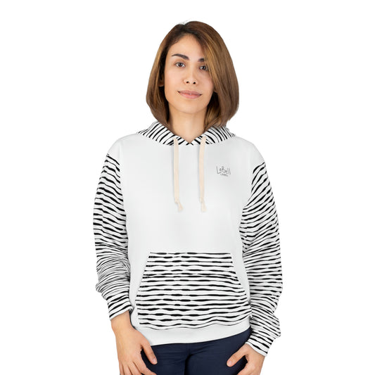 Coin Stack Pattern with LaBell Label - Black on White with Hood Coverage - Unisex Pullover Hoodie