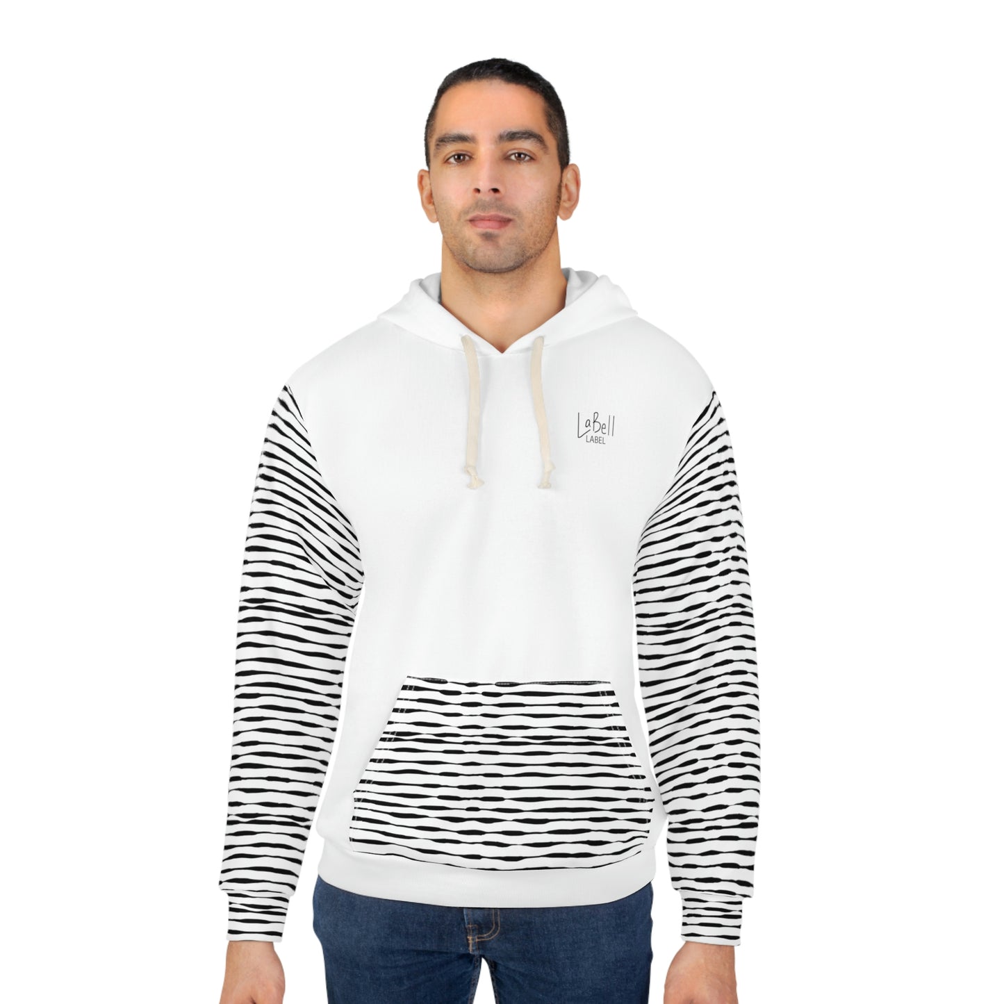 Coin Stack Pattern with LaBell Label - Black on White with Selective Coverage - Unisex Pullover Hoodie