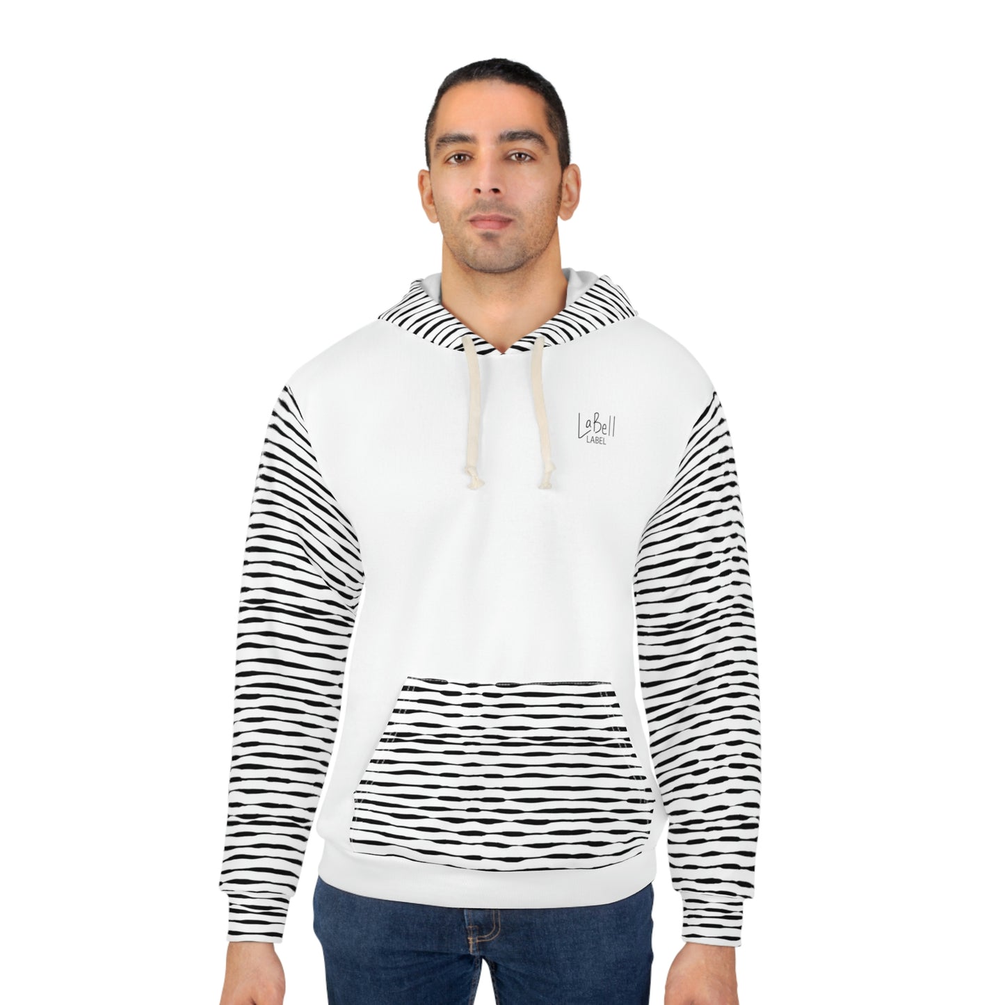 Coin Stack Pattern with LaBell Label - Black on White with Hood Coverage - Unisex Pullover Hoodie