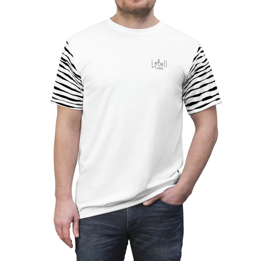 Coin Stack Pattern with LaBell Label - Black on White - Sleeve Coverage - Unisex Cut & Sew Tee