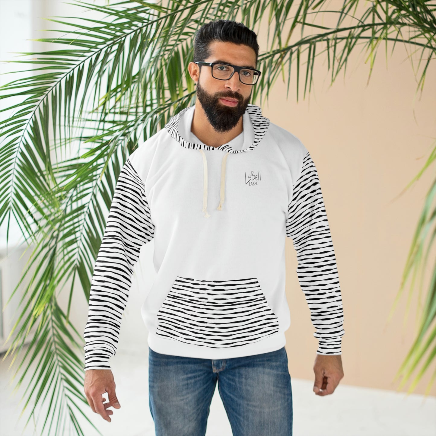 Coin Stack Pattern with LaBell Label - Black on White with Hood Coverage - Unisex Pullover Hoodie