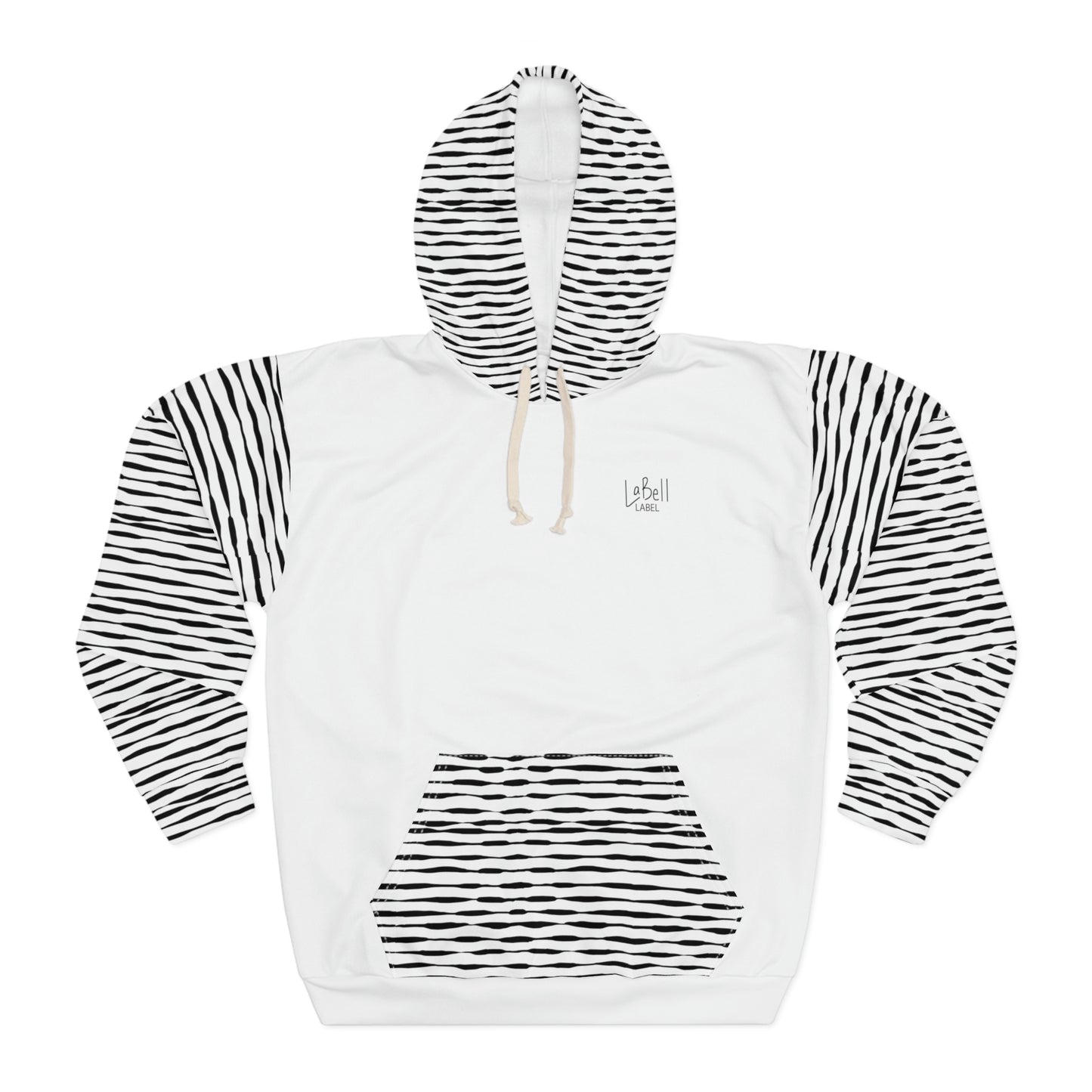 Coin Stack Pattern with LaBell Label - Black on White with Hood Coverage - Unisex Pullover Hoodie