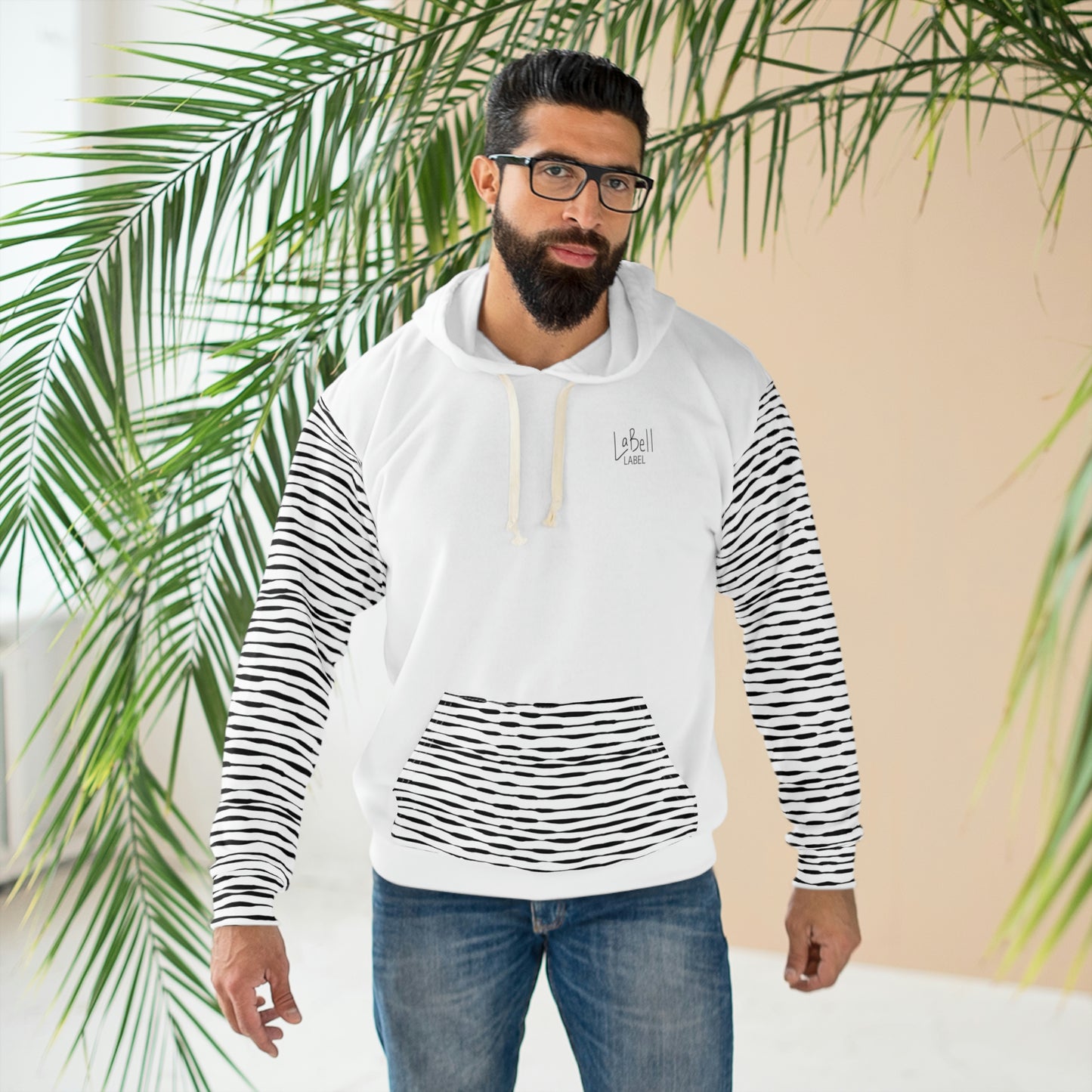 Coin Stack Pattern with LaBell Label - Black on White with Selective Coverage - Unisex Pullover Hoodie